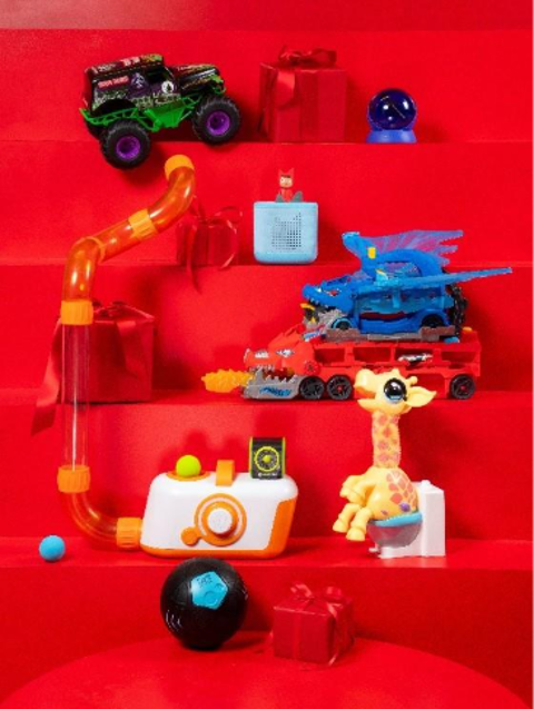 A group of toys on a red shelf

AI-generated content may be incorrect.